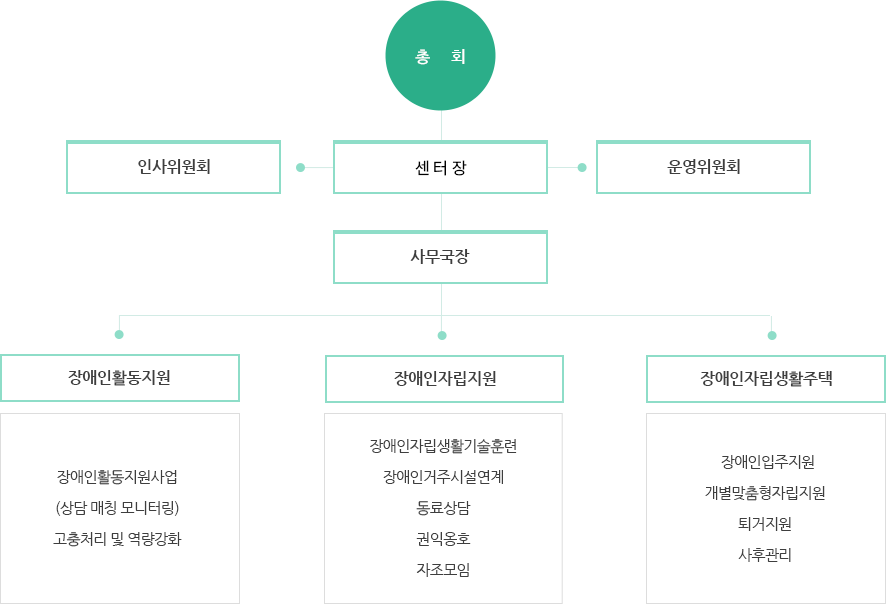 총회 - 인사위원회,센터장,운영위원회 - 사무국장 - 장애인 활동지원(장애인활동지원사업, 상담 매칭 모니터링, 고충처리 및 역량 강화),장애인자립지원(장애인자립생활기술훈련,장애인거주시설연계,동료상담,권익옹호,자조모임),장애인자립생활주택(거주시설장애인입주지원,개별맞춤형자립지원,퇴거지원,사후관리)